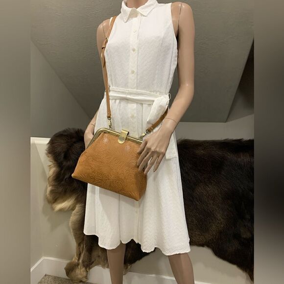 Handmade Genuine Leather Embossed Leaves Metal Push-lock Shoulder Bag/Crossbody - Picture 7 of 16